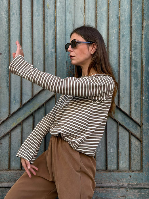 Maglia Cristiana in lana a righe tortora/bianche/tabacco