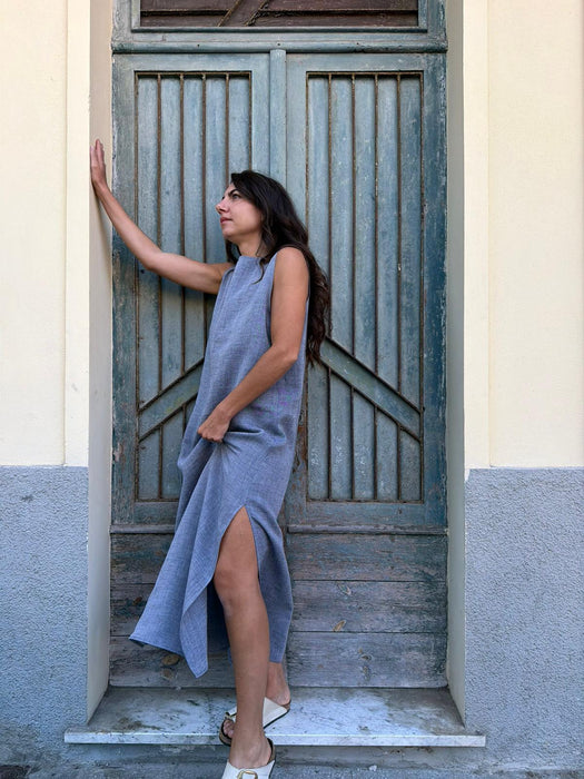 Abito Emilia lungo in lino azzurro jeans