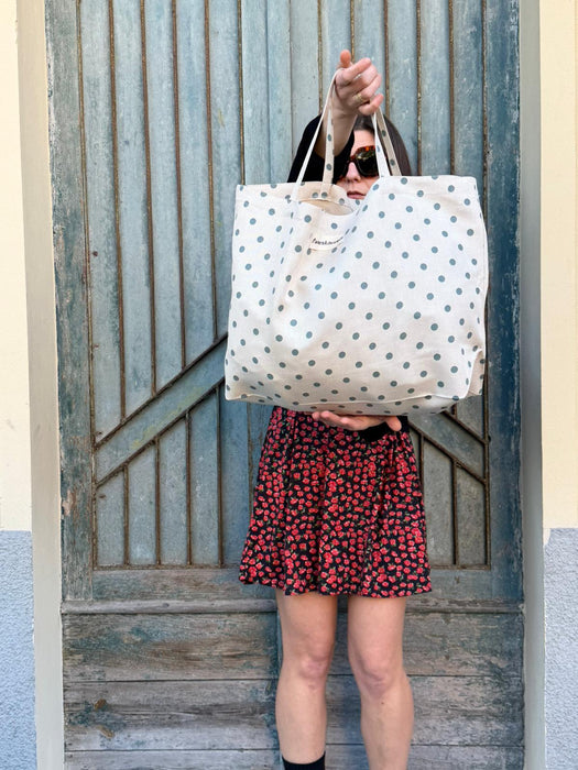 Borsa in cotone écru a pois verde acqua