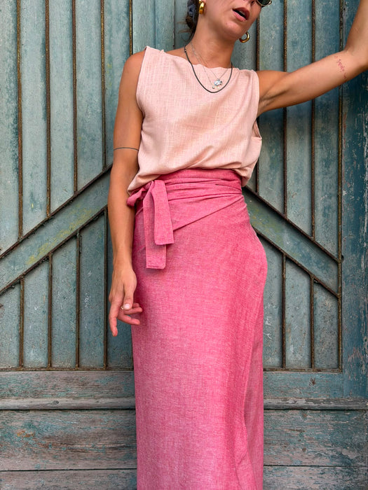 Top Emilia in lino rosa pesca