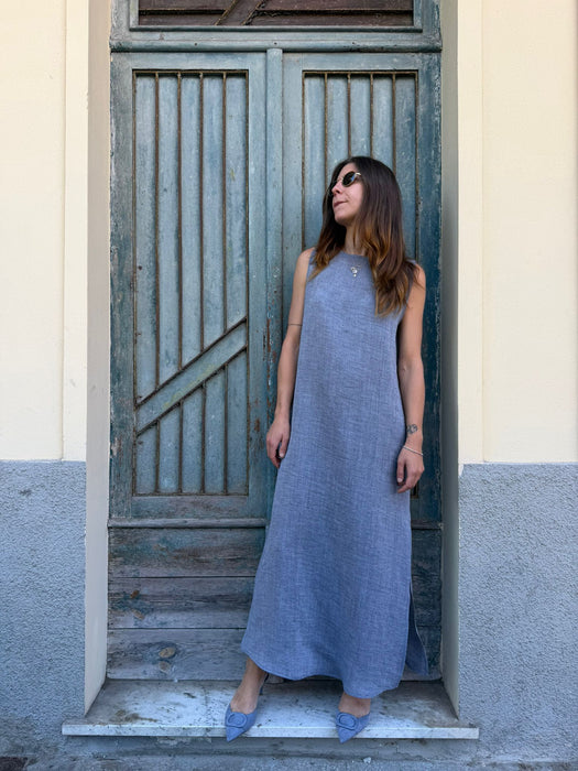 Abito Emilia lungo in lino azzurro jeans