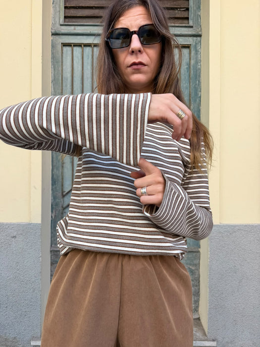 Maglia Cristiana in lana a righe tortora/bianche/tabacco