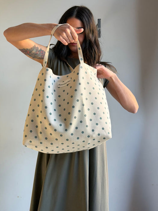 Borsa in cotone écru a pois verde acqua