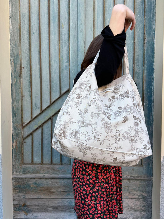 Borsa in cotone écru a fiori marroni
