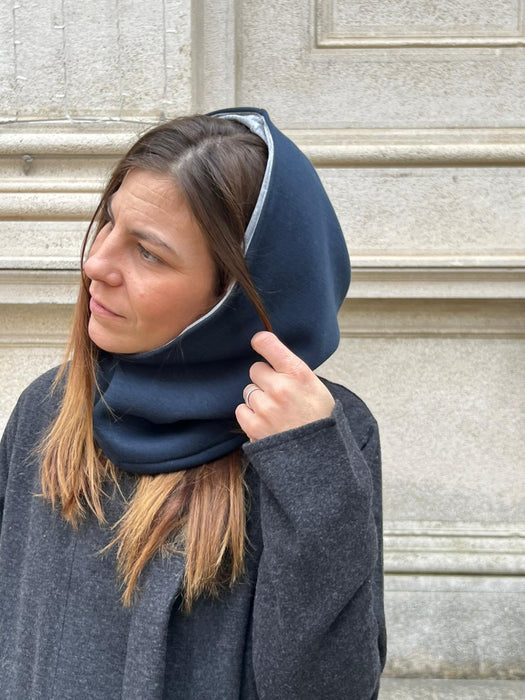 Balaclava double in felpa blu e ciniglia grigia