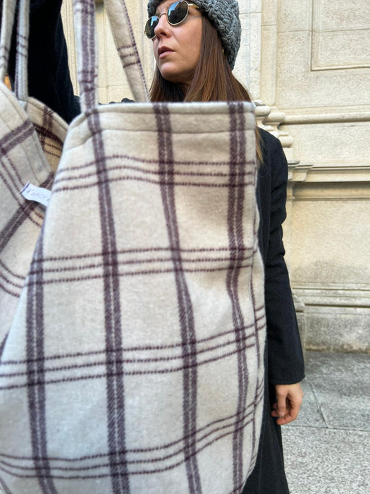 Borsa in lana a quadri panna
