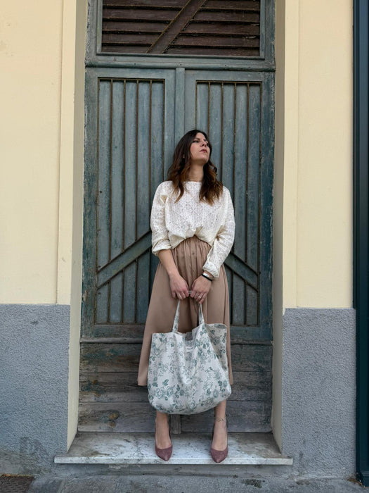 Borsa in cotone écru a fiori verde acqua