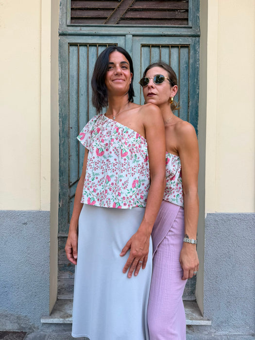 Top Ludovico a fiori rosa 100% seta