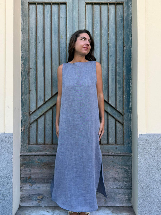 Abito Emilia lungo in lino azzurro jeans