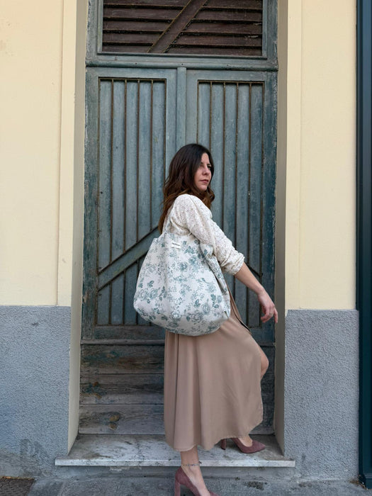 Borsa in cotone écru a fiori verde acqua