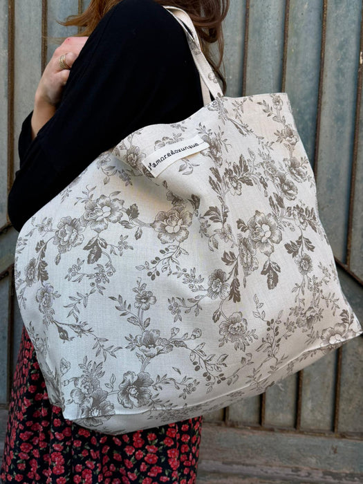 Borsa in cotone écru a fiori marroni