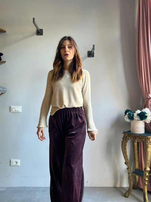 Pantaloni Mia in ciniglia melanzana