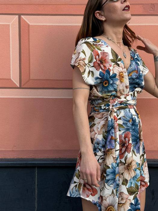 Abito Magda corto a fiori azzurri