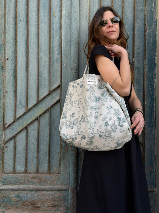 Borsa in cotone écru a fiori verde acqua