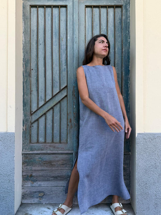 Abito Emilia lungo in lino azzurro jeans