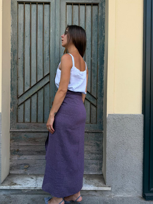 Top Filomena in lino a righe bianche e azzurre