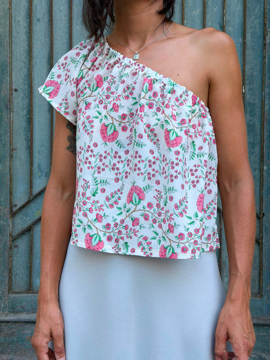 Top Ludovico a fiori rosa 100% seta