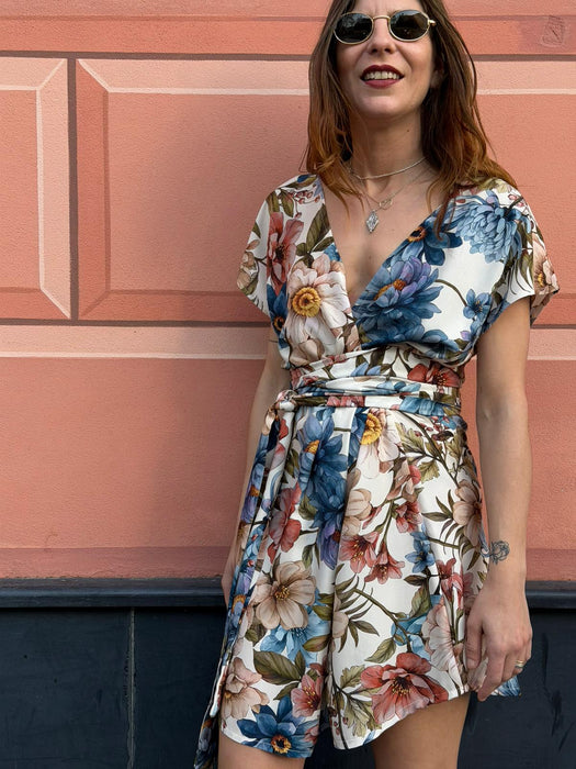 Abito Magda corto a fiori azzurri