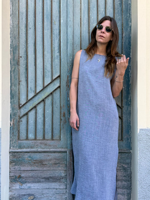Abito Emilia lungo in lino azzurro jeans