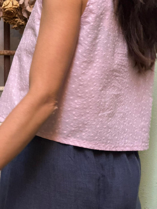 Top Emilia in cotone rosa cipria ricamato