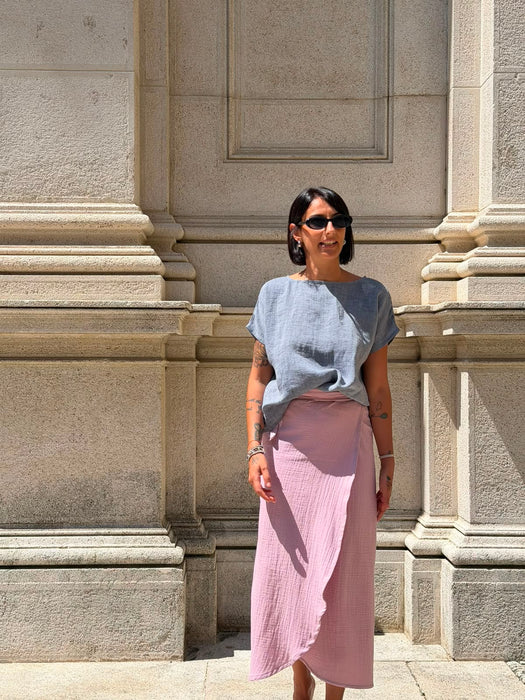 T-Shirt Scatoletta in lino azzurro jeans