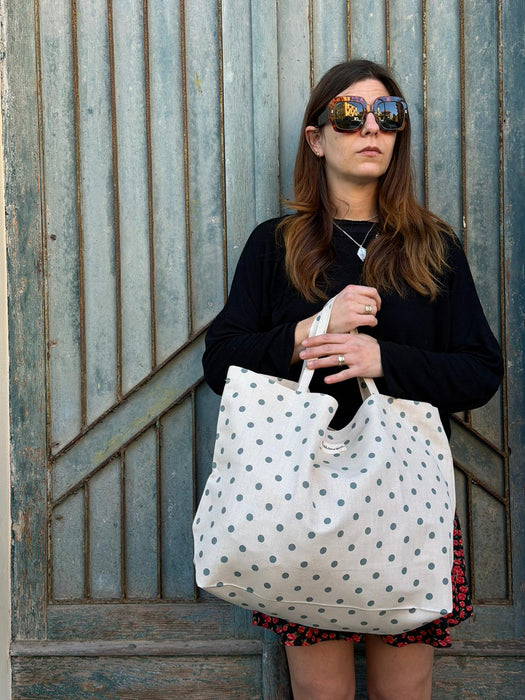 Borsa in cotone écru a pois verde acqua