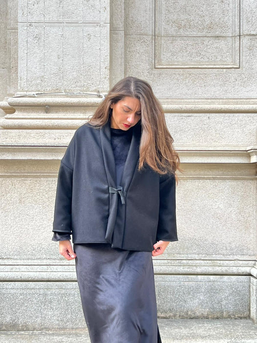 Giacca kimono double face in lana nere e tartan