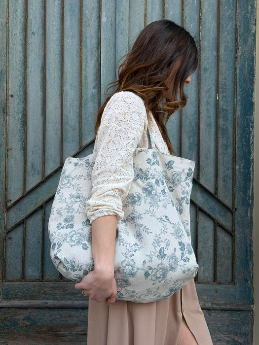 Borsa in cotone écru a fiori verde acqua
