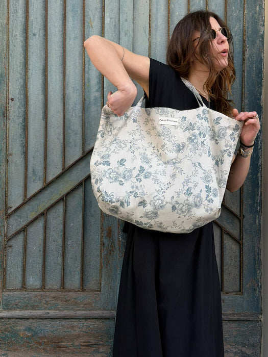 Borsa in cotone écru a fiori verde acqua