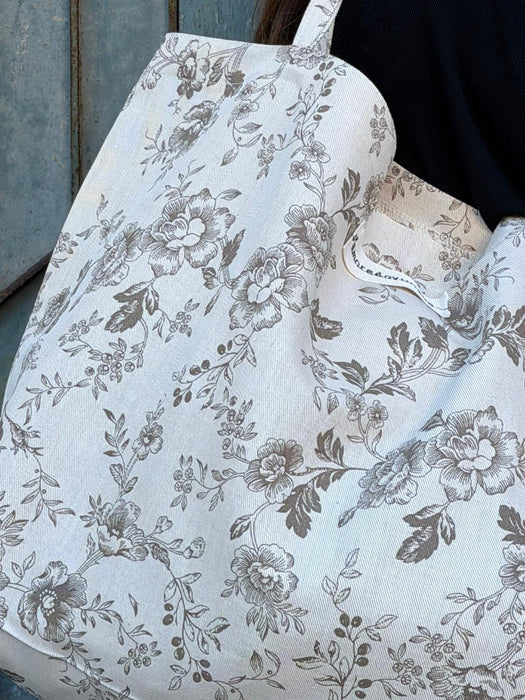 Borsa in cotone écru a fiori marroni