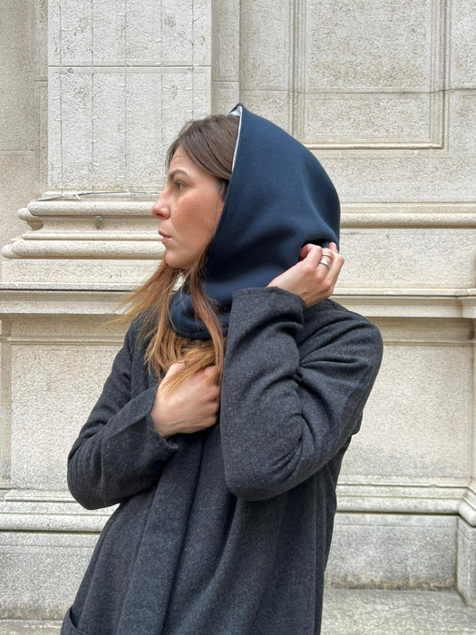 Balaclava double in felpa blu e ciniglia grigia