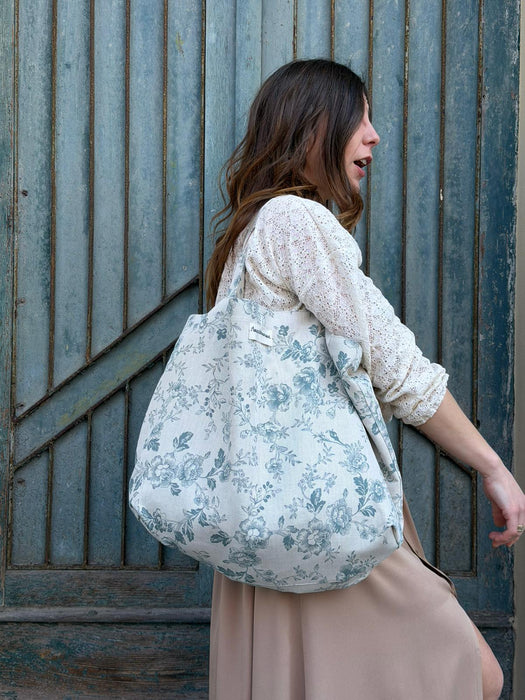 Borsa in cotone écru a fiori verde acqua