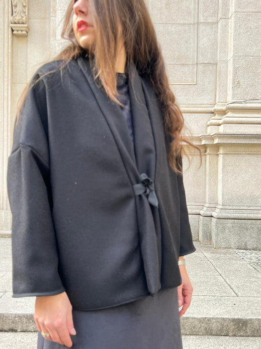 Giacca kimono double face in lana nere e tartan