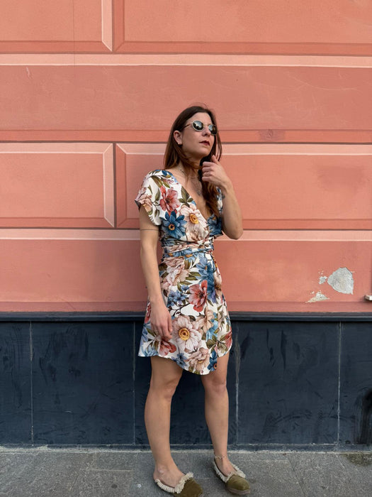 Abito Magda corto a fiori azzurri