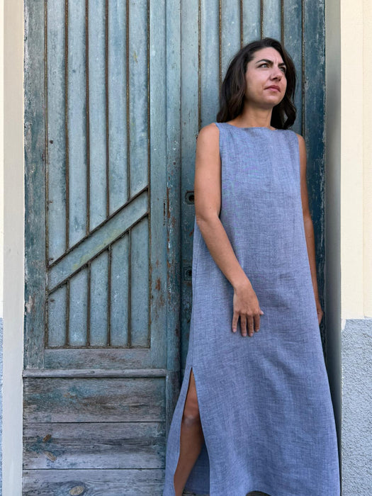Abito Emilia lungo in lino azzurro jeans