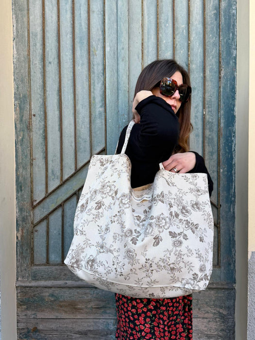 Borsa in cotone écru a fiori marroni