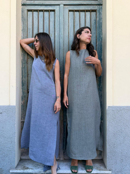 Abito Emilia lungo in lino azzurro jeans