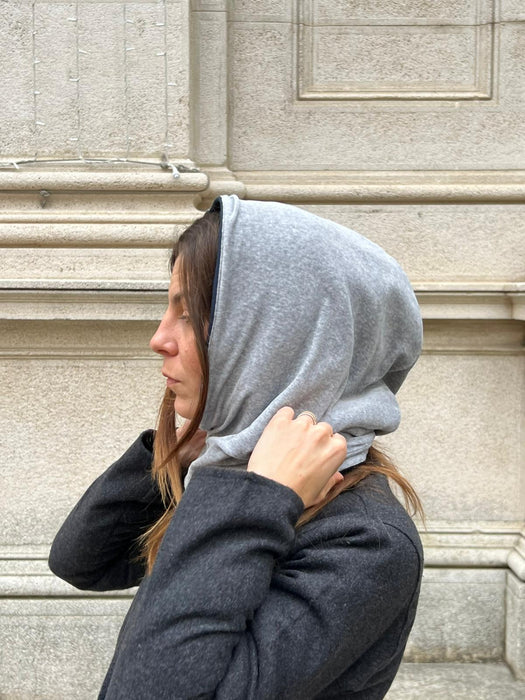 Balaclava double in felpa blu e ciniglia grigia