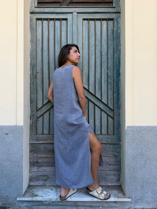 Abito Emilia lungo in lino azzurro jeans