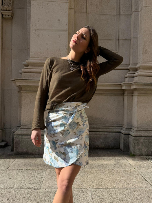 Gonna Matilda in gabardine a fiori azzurri