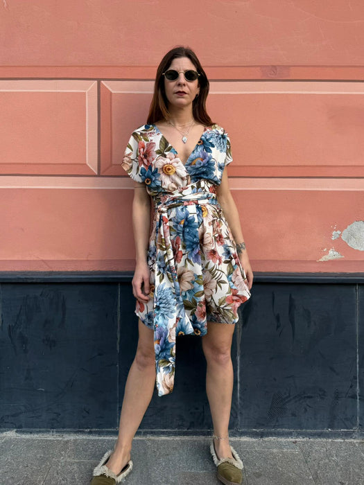 Abito Magda corto a fiori azzurri
