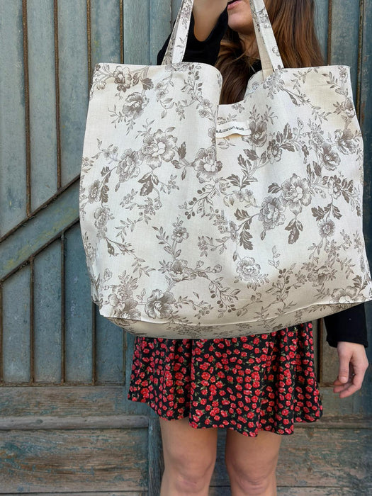 Borsa in cotone écru a fiori marroni