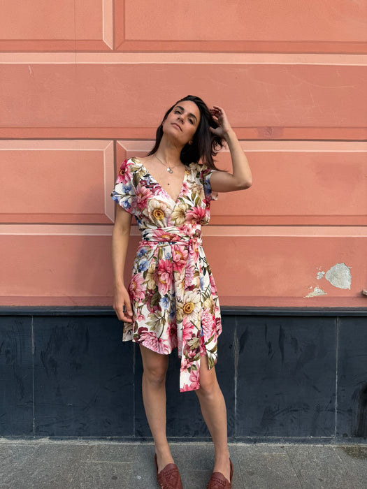Abito Magda corto a fiori rosa