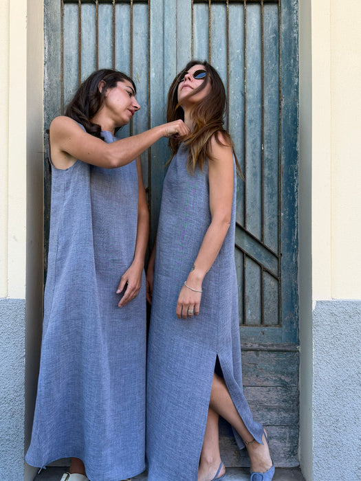 Abito Emilia lungo in lino azzurro jeans