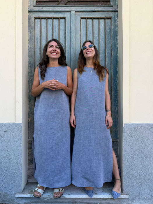 Abito Emilia lungo in lino azzurro jeans