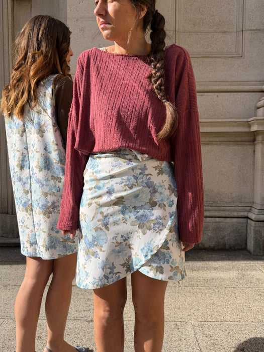 Gonna Matilda in gabardine a fiori azzurri