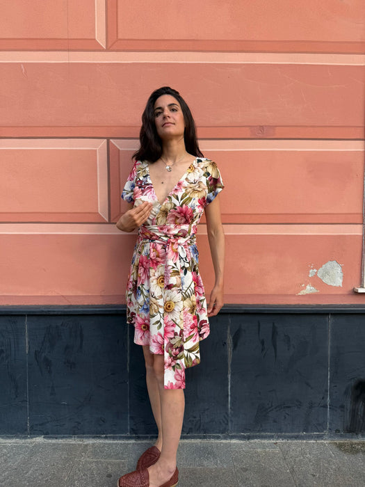 Abito Magda corto a fiori rosa