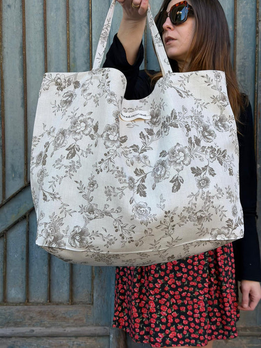 Borsa in cotone écru a fiori marroni