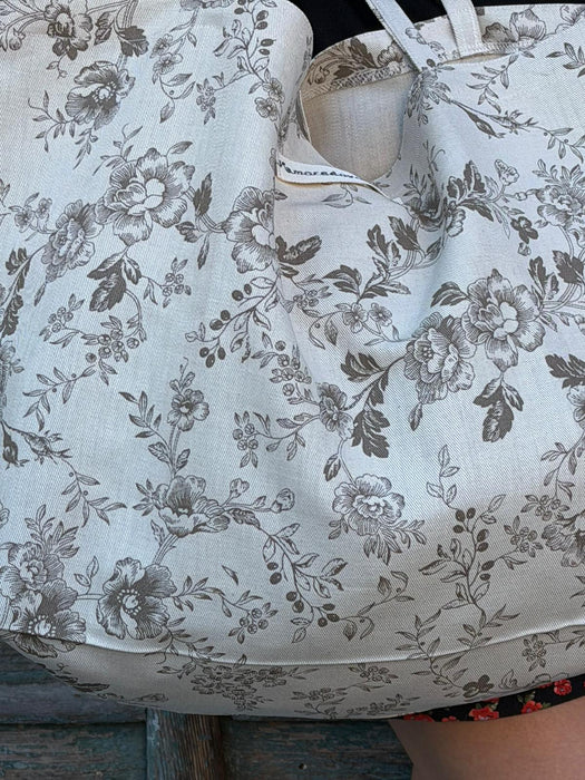 Borsa in cotone écru a fiori marroni