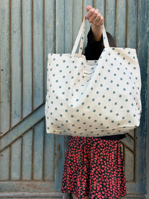 Borsa in cotone écru a pois verde acqua